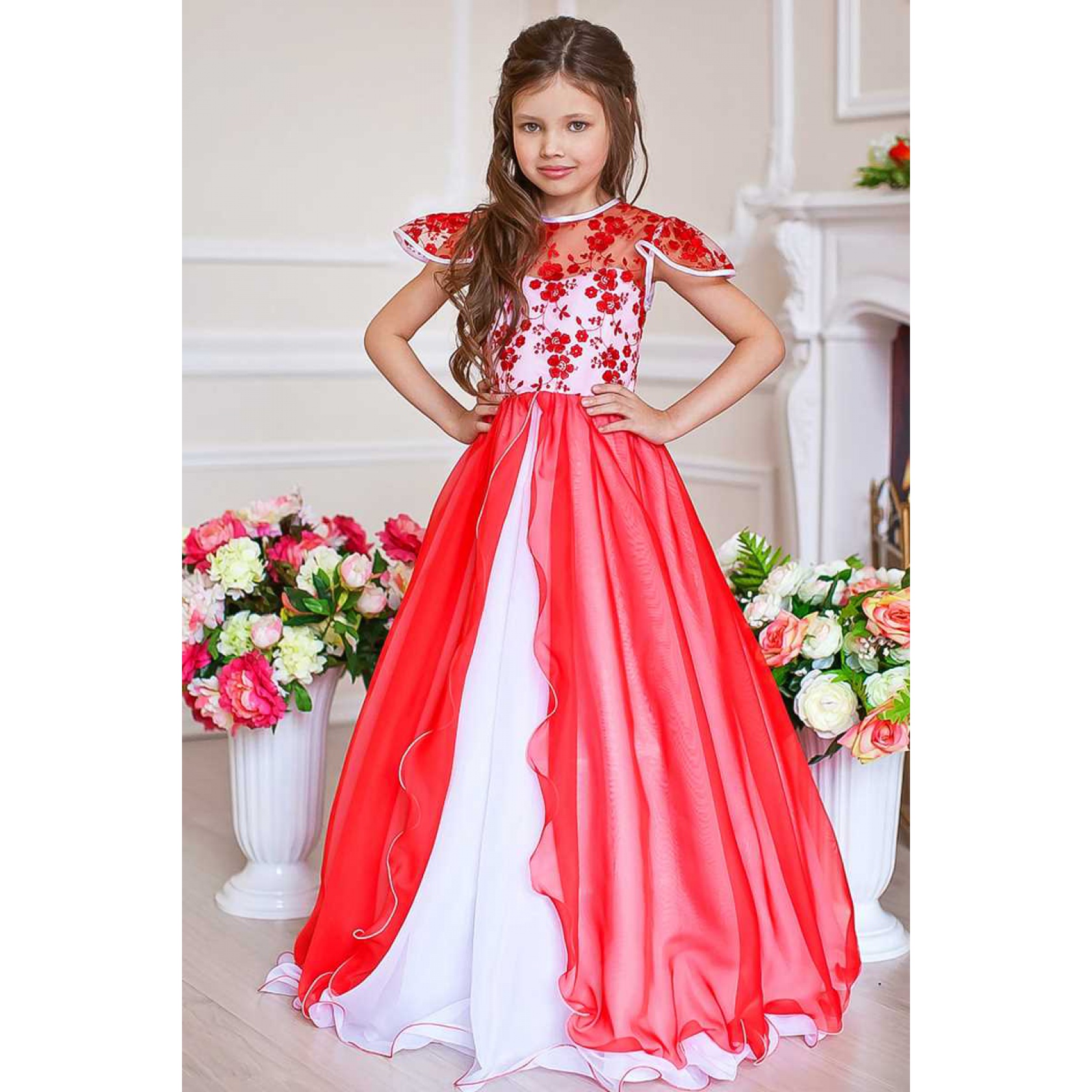 Красное вечернее бальное платье в пол для девочки из шифона с гипюром
